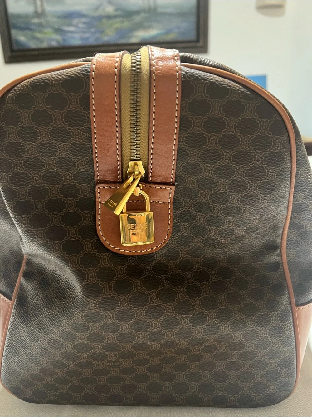 Classic Celine Brown Leather-Trim Travel Duffel Bag